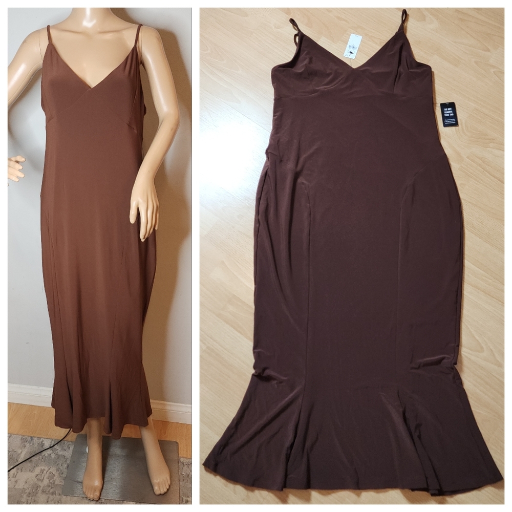 NWT Express Brown Dress Stretchy Spaghetti Straps Midi Maxi Size Large